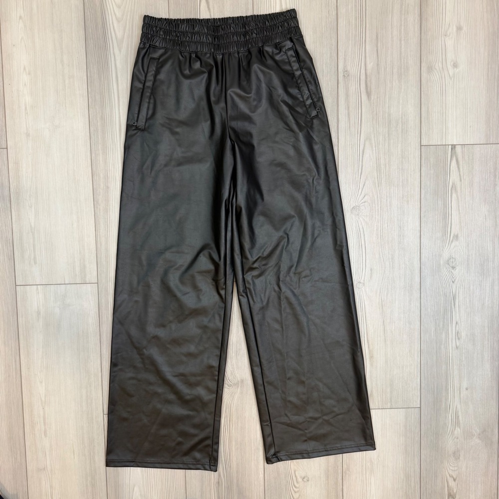 OFFLINE by Aerie Real Luxe Black Faux Leather Wide Leg Pants Smocked Waist S